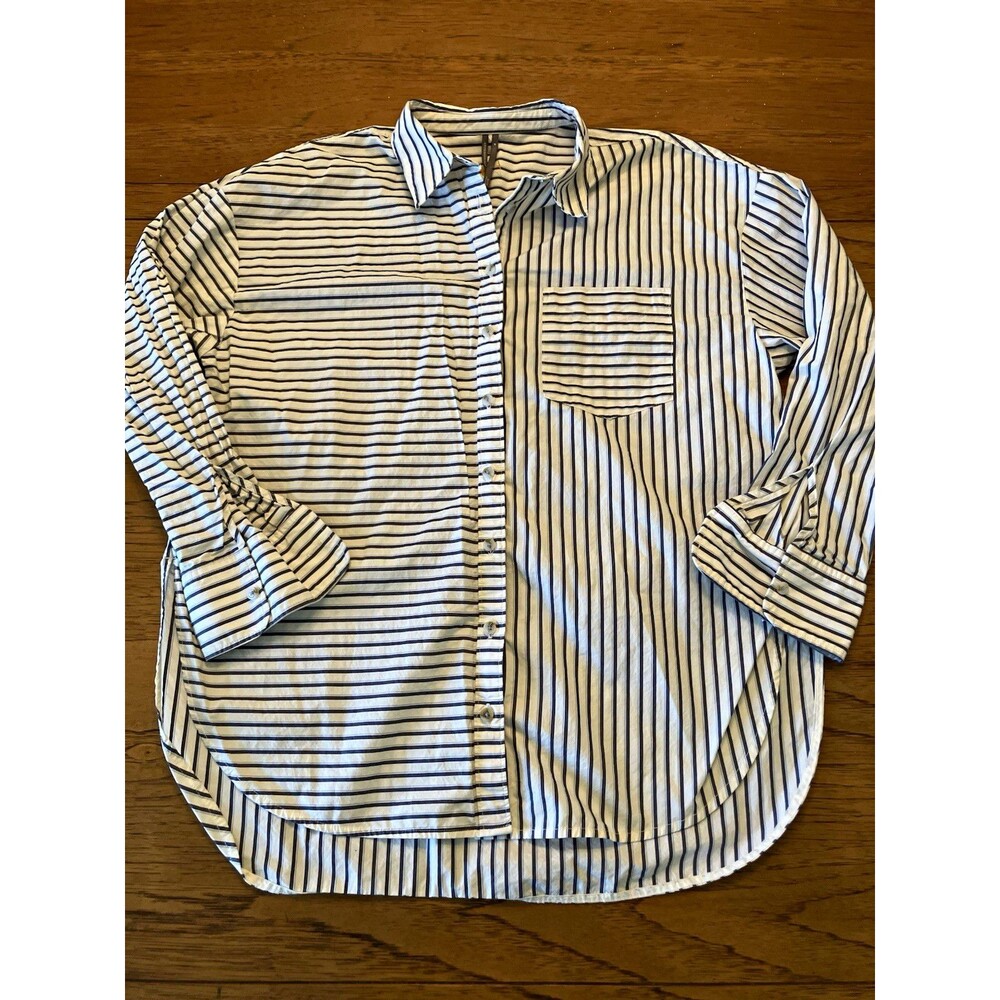Anthropologie Women's Blue White Striped Button-Up Collared Shirt Cotton M